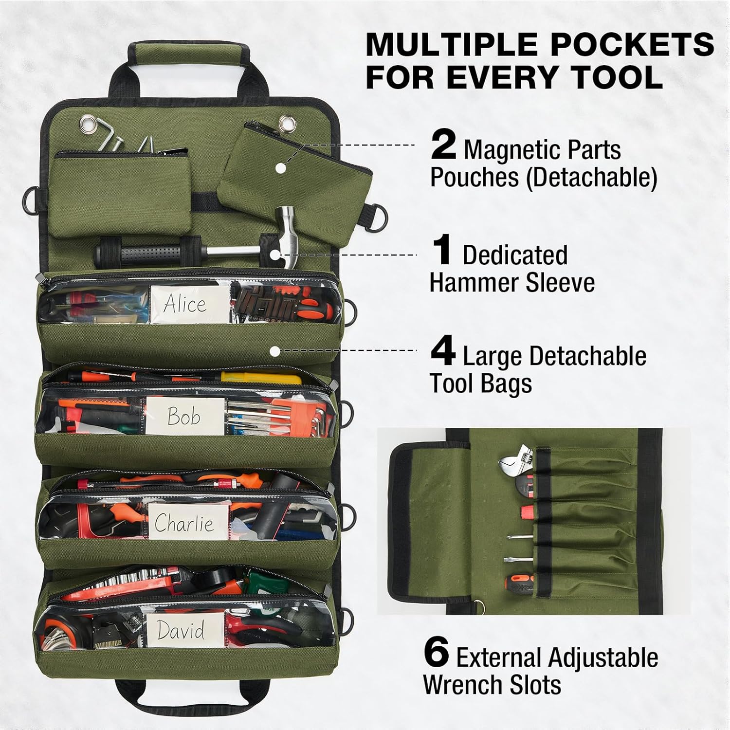 Roll Up Tool Bag, Heavy Duty Tool Storage Large-Capacity, 27"*14" Portable Tools Organizer with Utility Detachable