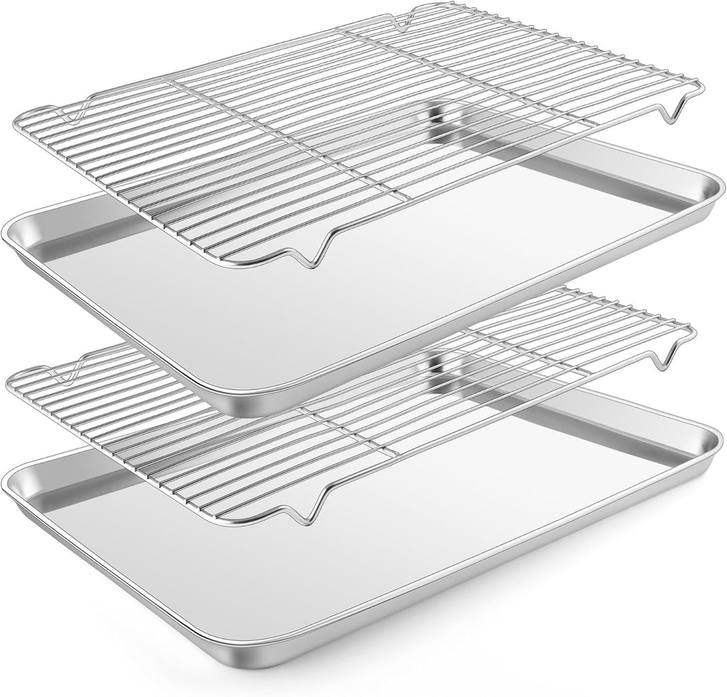 Baking Sheet with Wire Rack (2 Pans + 2 Racks), Large Stainless Steel Cookie Sheets Pan & Cooling Rack for Baking