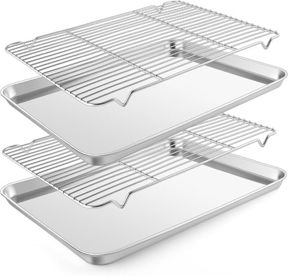 Baking Sheet with Wire Rack (2 Pans + 2 Racks), Large Stainless Steel Cookie Sheets Pan & Cooling Rack for Baking
