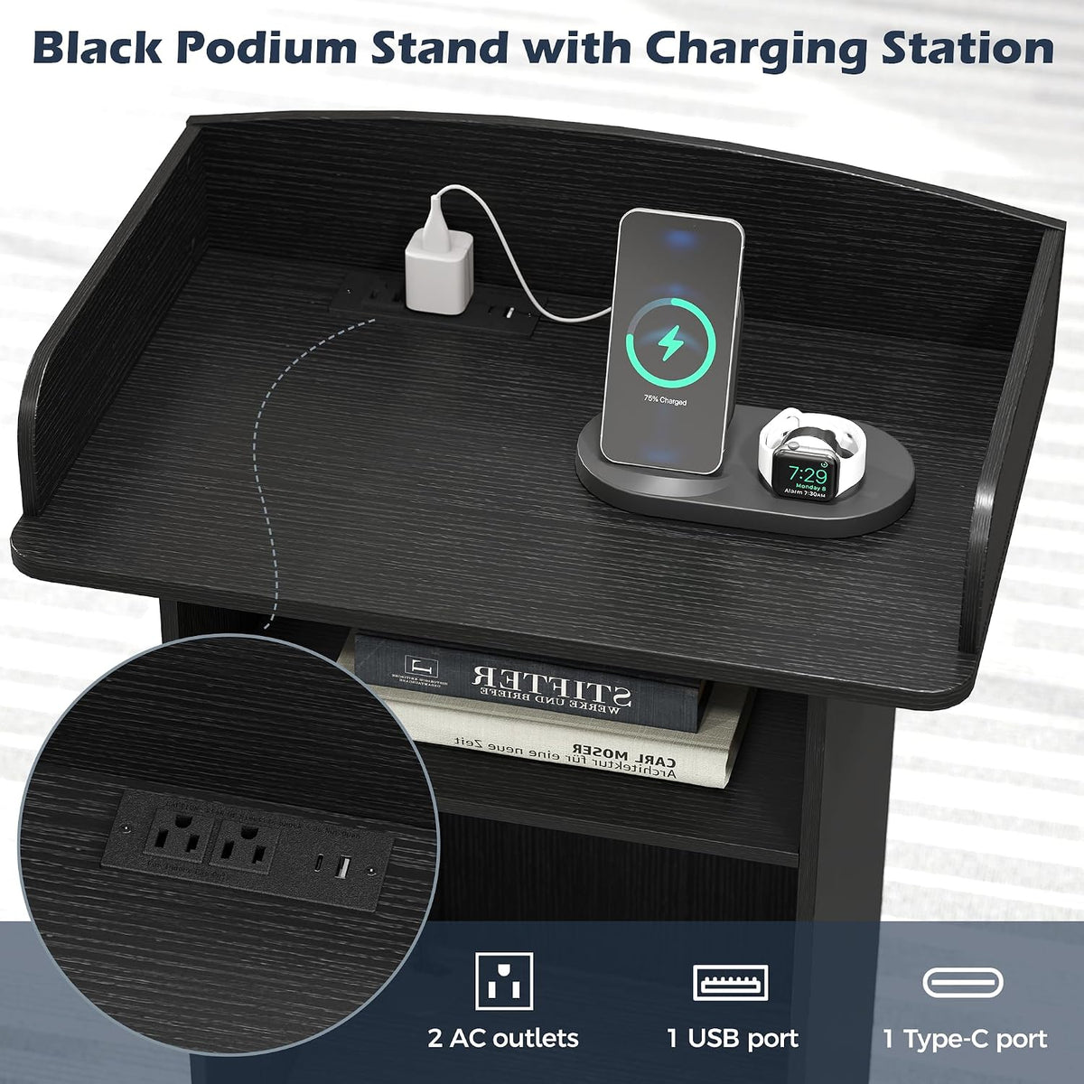 Portable Podium Stand with Charging Station & Lockable Wheels (Black)