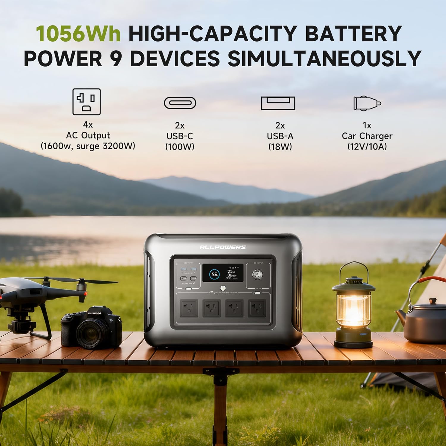 Solar Generator R1500 LITE with 200W Foldable Solar Panel,1056Wh Portable Power Station LiFePO4 (LFP) Battery,1600W