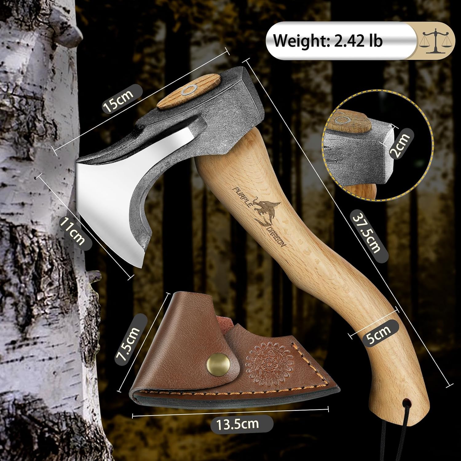 Camping Hatchet 14.7 Inch Hand Forged Splitting Axe | Hand Forged Blade, Wooden Handle, Leather Sheath, Gift Box