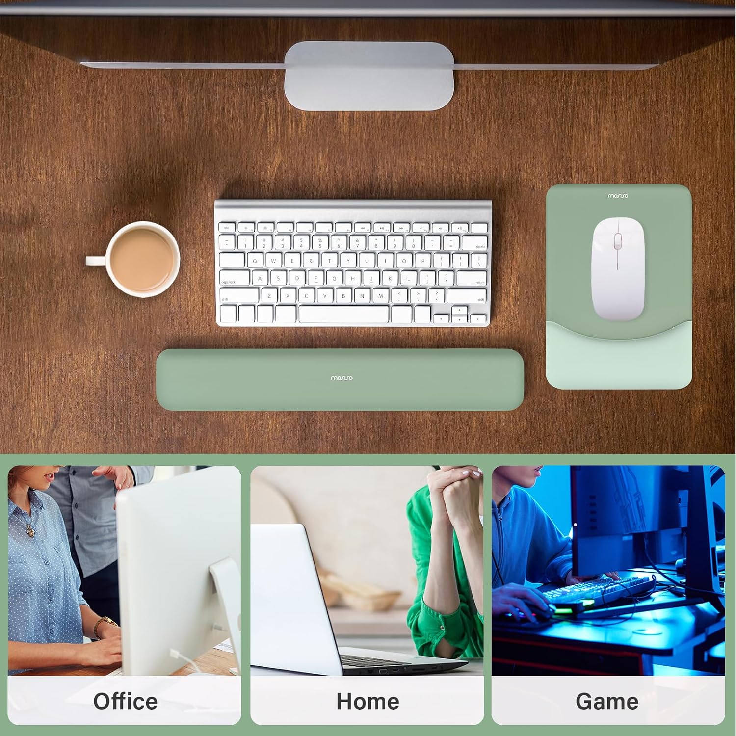 Keyboard Wrist Rest & Mouse Pad with Wrist Rest, Green | Rectangular Ergonomic Mousepad, Non-Slip Base, Home/Office