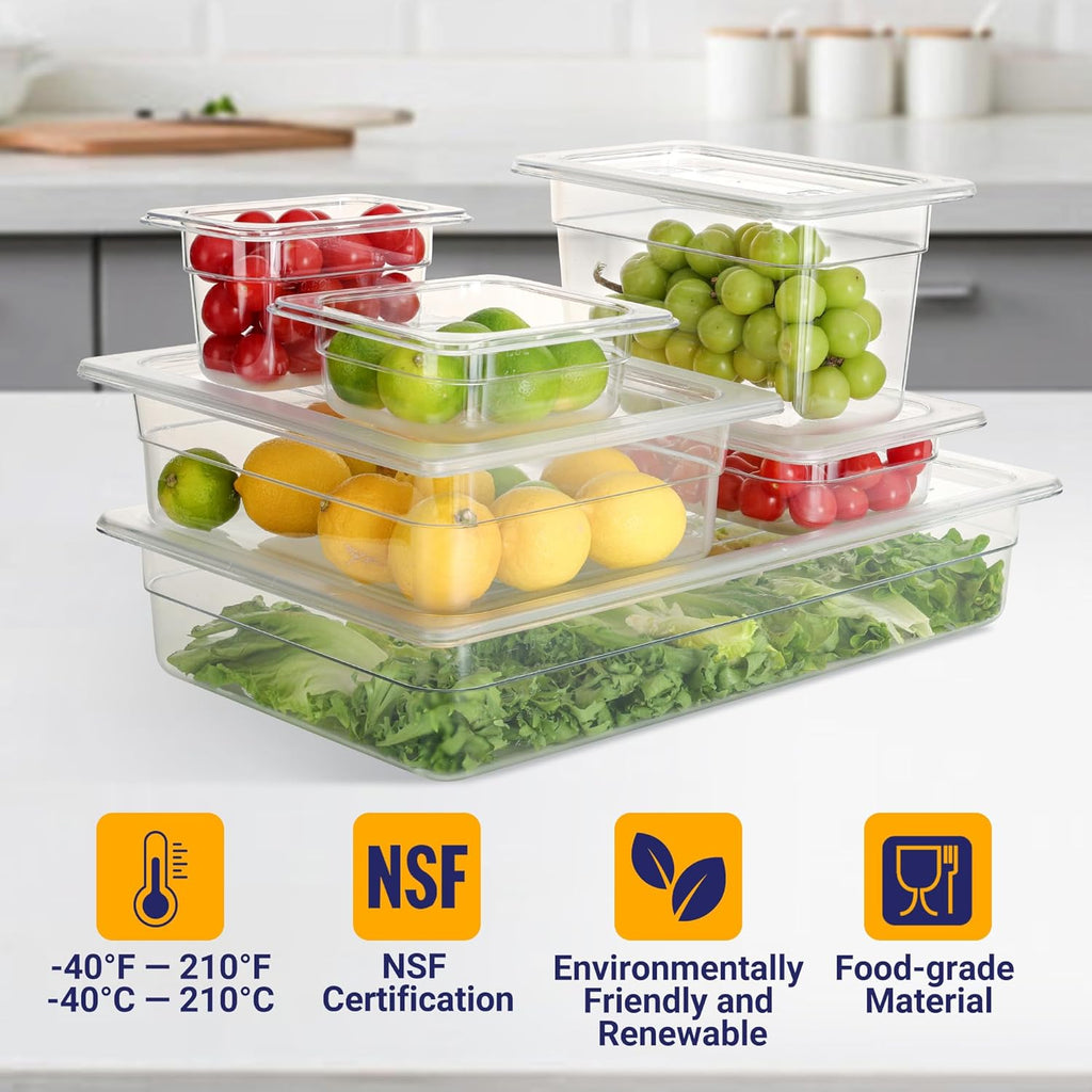 6 Pack Full Size 4'' Deep NSF Polycarbonate Food Pans with Lids
