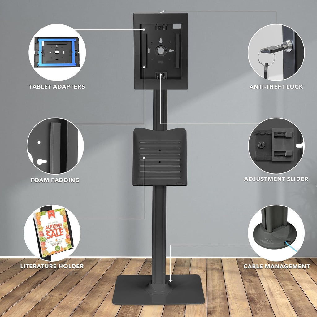 Anti-Theft iPad Tablet Floor Stand Kiosk with Literature Holder | Lockable Enclosure for iPad Gen 7–11, Pro & Air