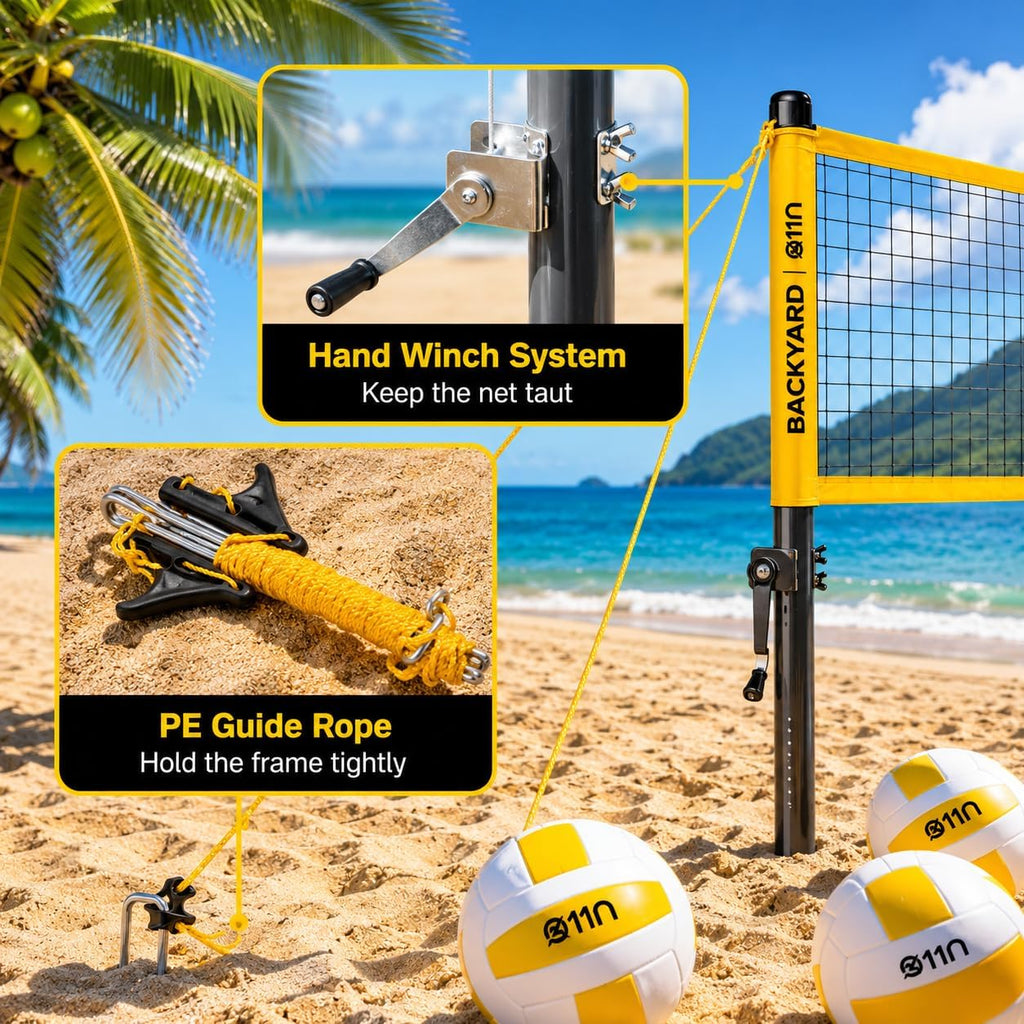Outdoor Volleyball and Badminton Combo Set - Includes Adjustable Height Anti-Sag Net, Volleyball, Air Pump, 4