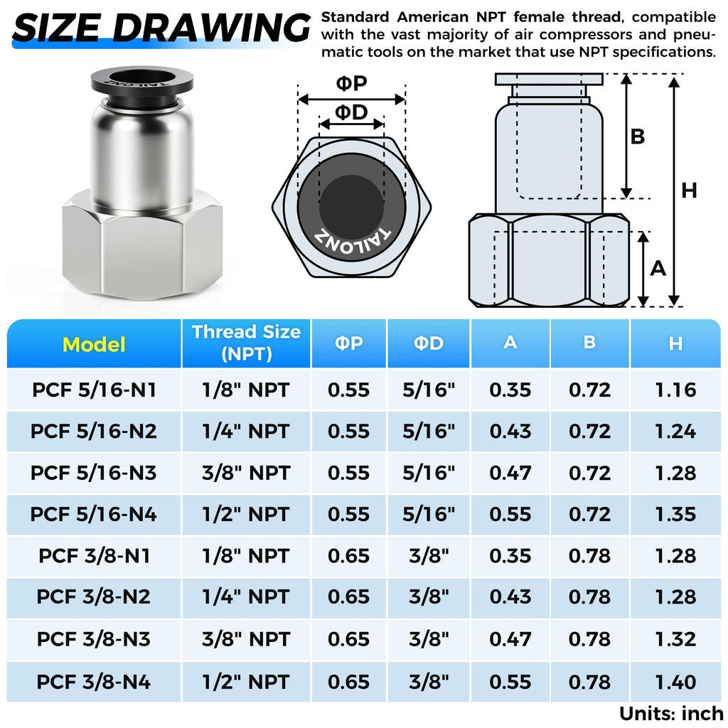 TAILONZ 5/16" OD x 1/4" FNPT Push to Connect Straight Fitting 2Pcs