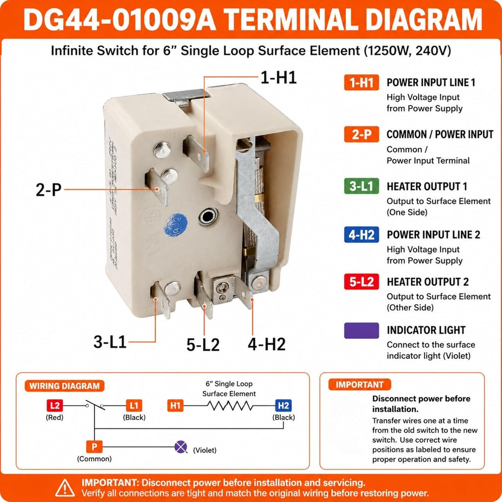 DG44-01009A Surface Element Switch for Samsung NE595R0ABSR NE595R1ABSR NE597R0ABSR Electric Range, 240V Burner Infinite Control Switch for 6" Single Loop Surface Element, Replaces 3290424