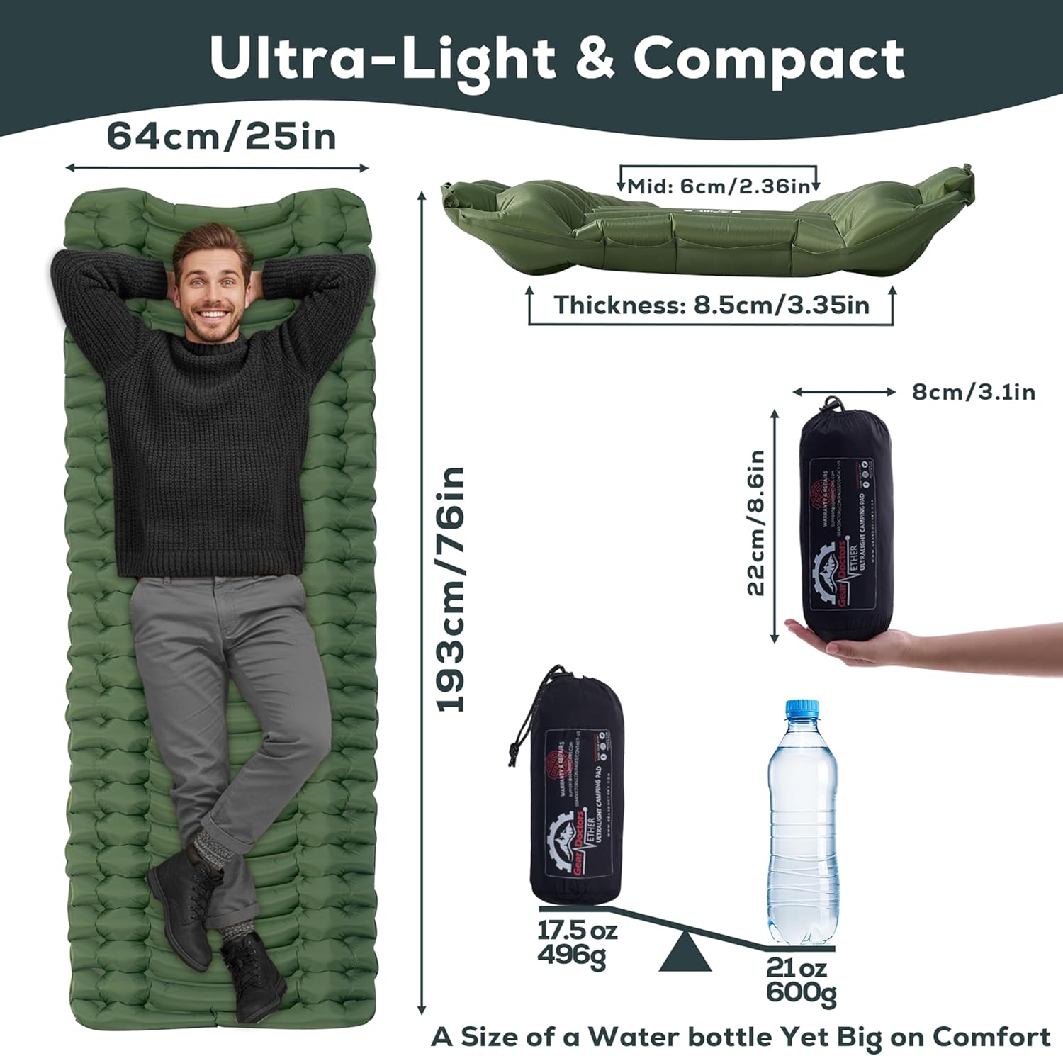 Ether 17.5oz Ultralight Camping Sleeping Pad – Backpacking Air Mattress – Camping Mattress Pad – Compact Inflatable
