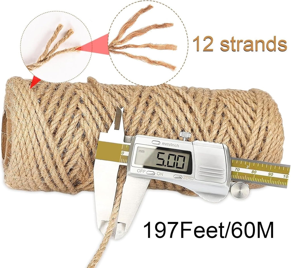 5MM x 197 Feet Natural Jute Twine, 12Ply Twisted Jute Rope
