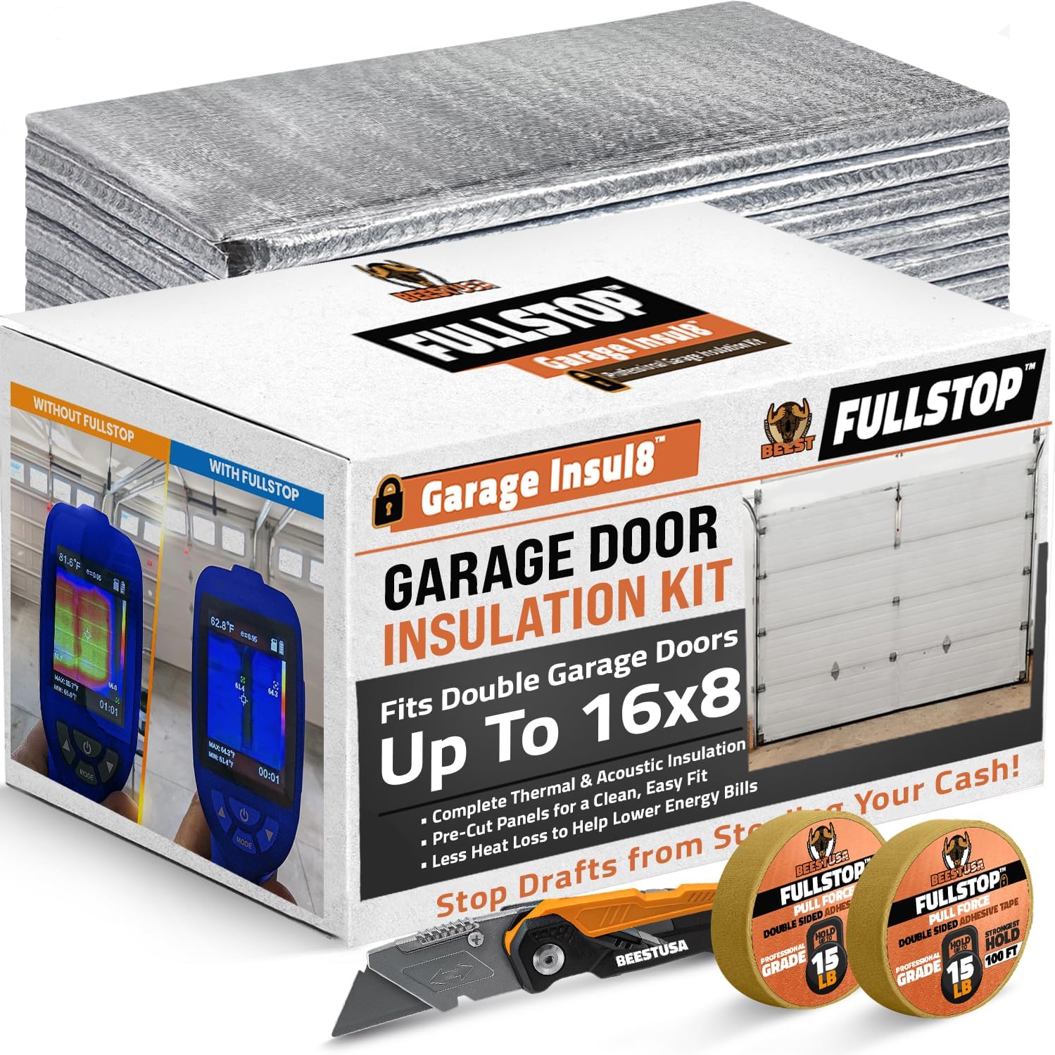 FULLSTOP Garage Door Insulation Kit - 16x7 & 16x8ft Double Garage Door Insulation Panels - 16 Pre-Cut 24x48 Foam-Core
