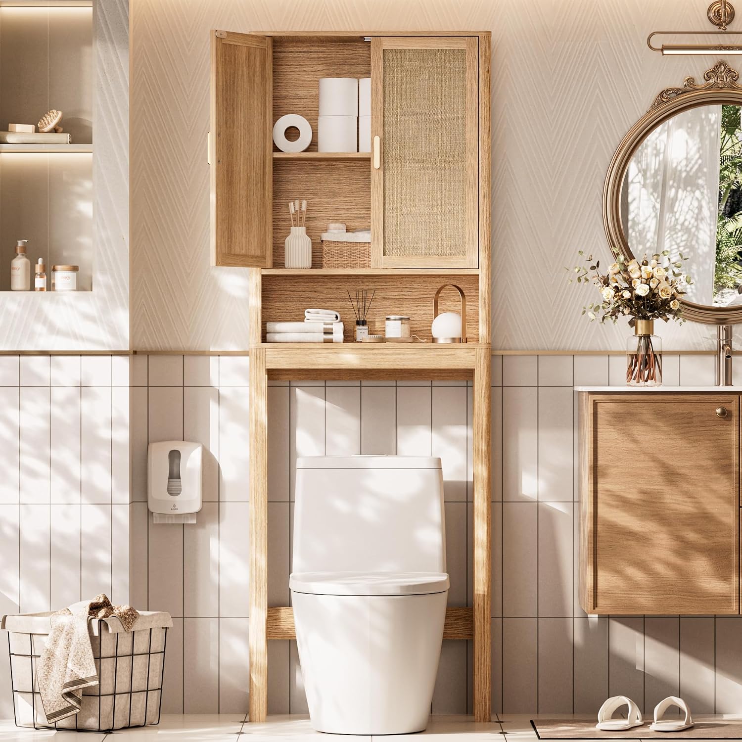 Over the Toilet Storage Cabinet, Bathroom Storage Cabinet with Rattan Doors, Bathroom Cabinet Over Toilet with