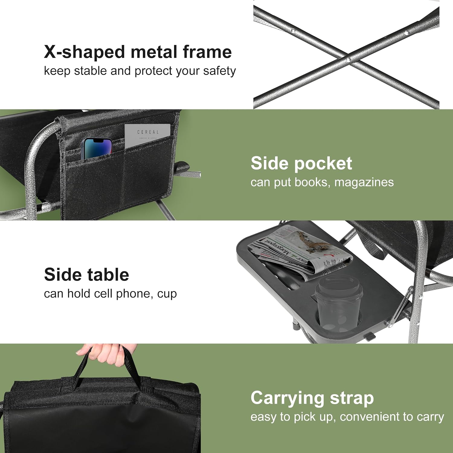 Camping Directors Chair, Lightweight Oversized Portable Folding Chair with Side Table and Storage Pockets for Outdoor