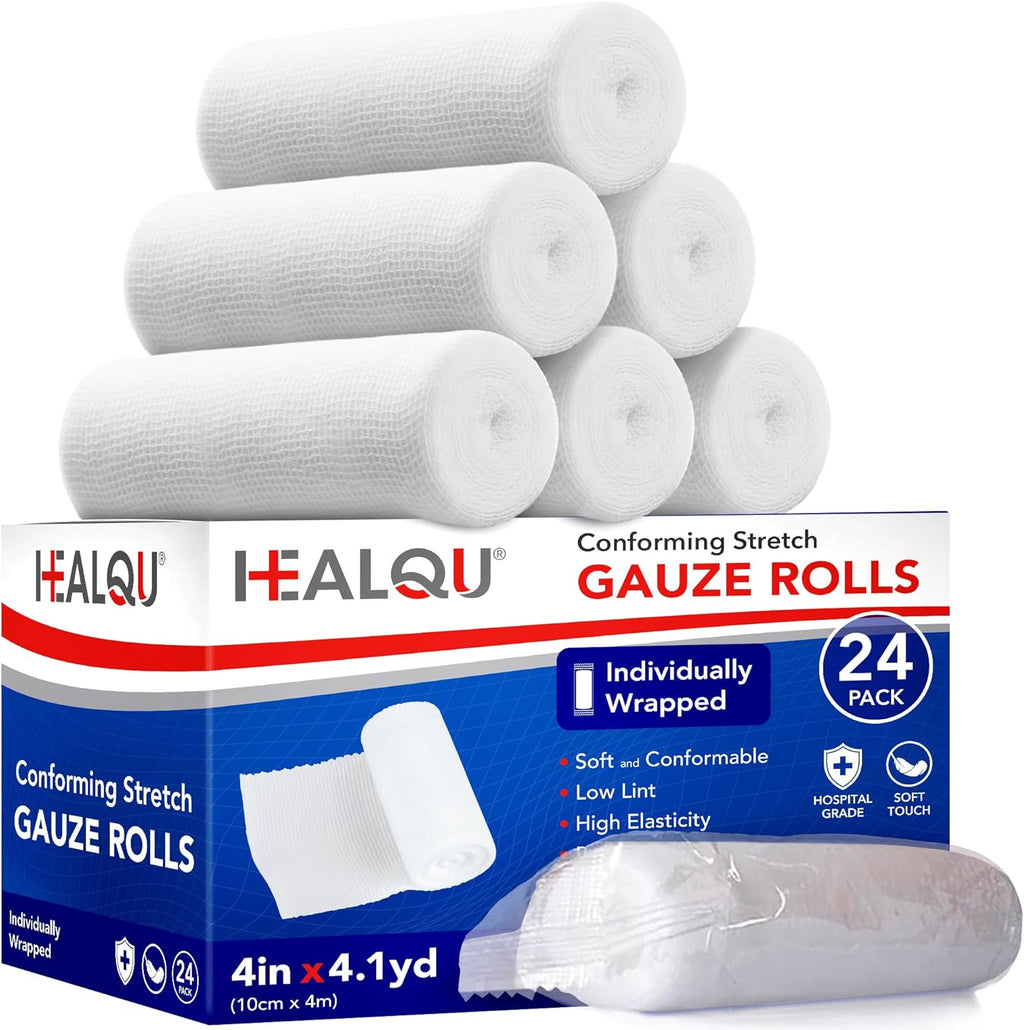 Premium Gauze Rolls - 4" x 4 Yards - 24 Rolls, Individually Wrapped Conforming Stretch Gauze Bandage - Super Soft