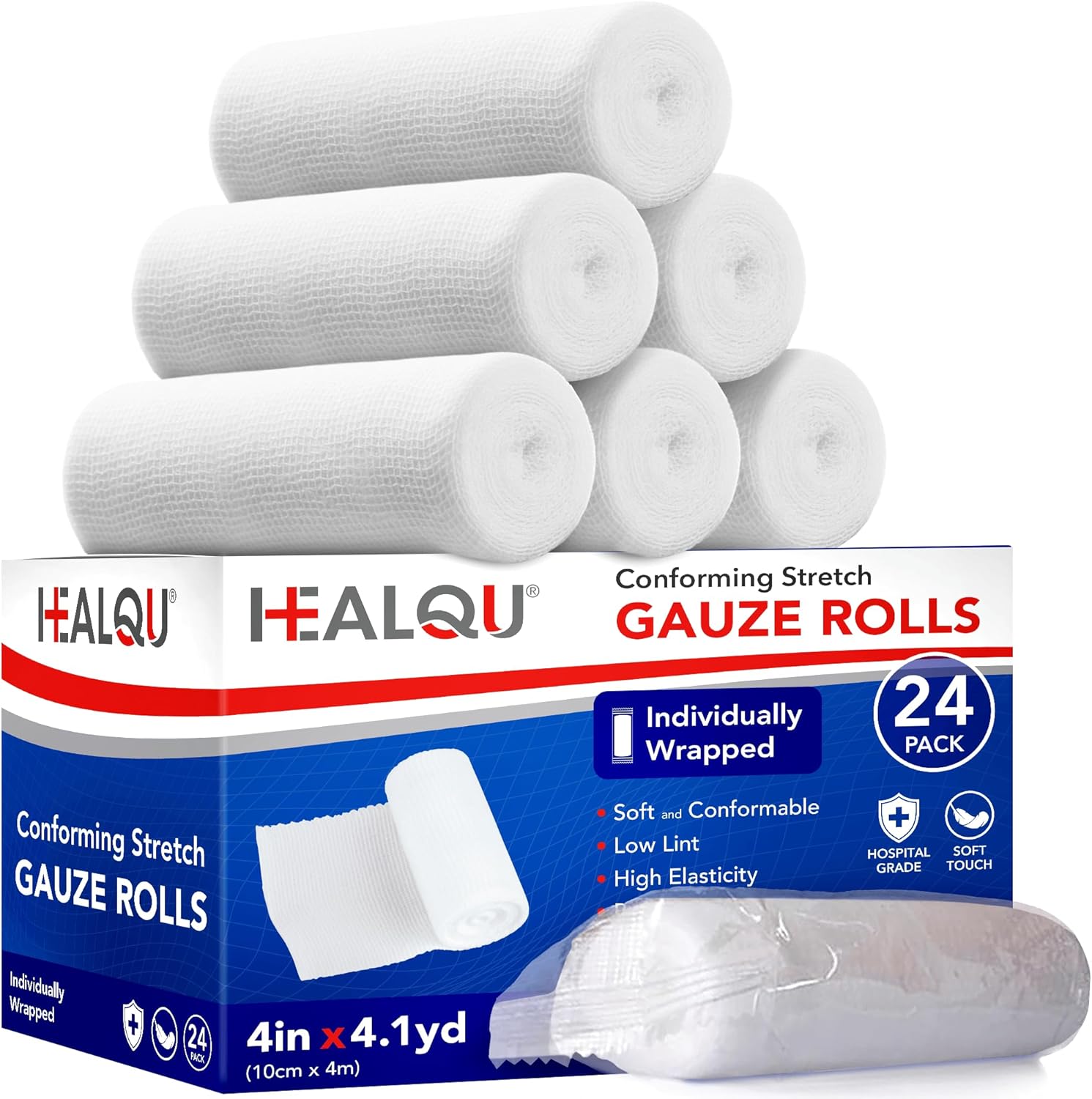 Premium Gauze Rolls - 4" x 4 Yards - 24 Rolls, Individually Wrapped Conforming Stretch Gauze Bandage - Super Soft