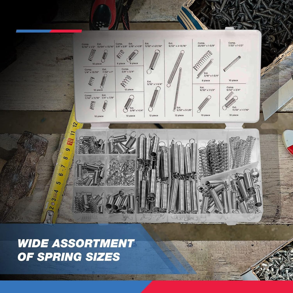 50456A Spring Assortment Set, 200 Piece, Extension and Compression Springs Kit, Zinc Plated Steel Mechanical