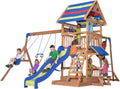 Beach Front Cedar Wood Swing Set with Wave Slide, Play Deck, Monkey Bars, Rock Wall Ladder, Shaded Picnic Area, Snack