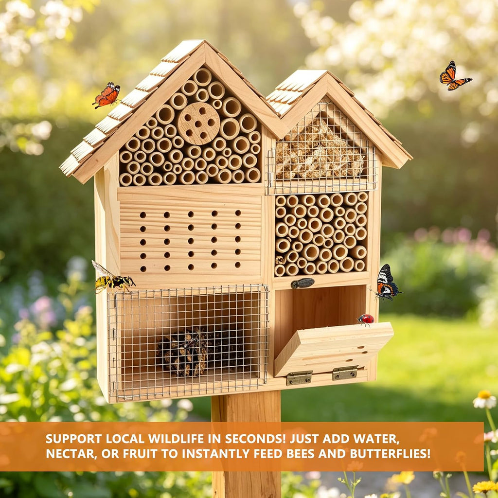 Large Wooden Insect Hotel for Outdoors - Waterproof Bee House & Butterfly Habitat with Bamboo Tubes and Pine