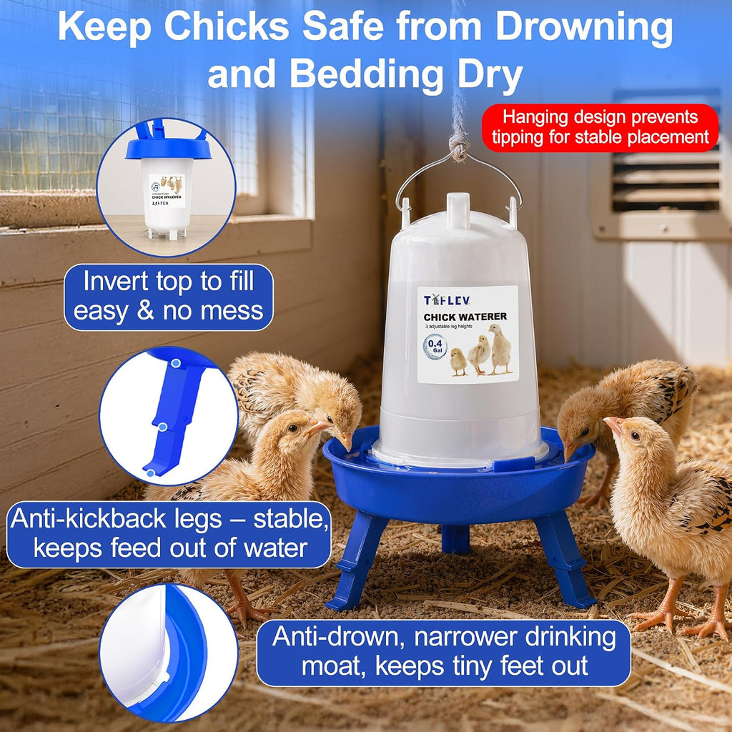 0.4Gal Top Fill Chick Feeder and 0.4Gal Chick Waterer 3 Height Scoop Blue | Chick Feeder and Waterer Set, Anti-Drown