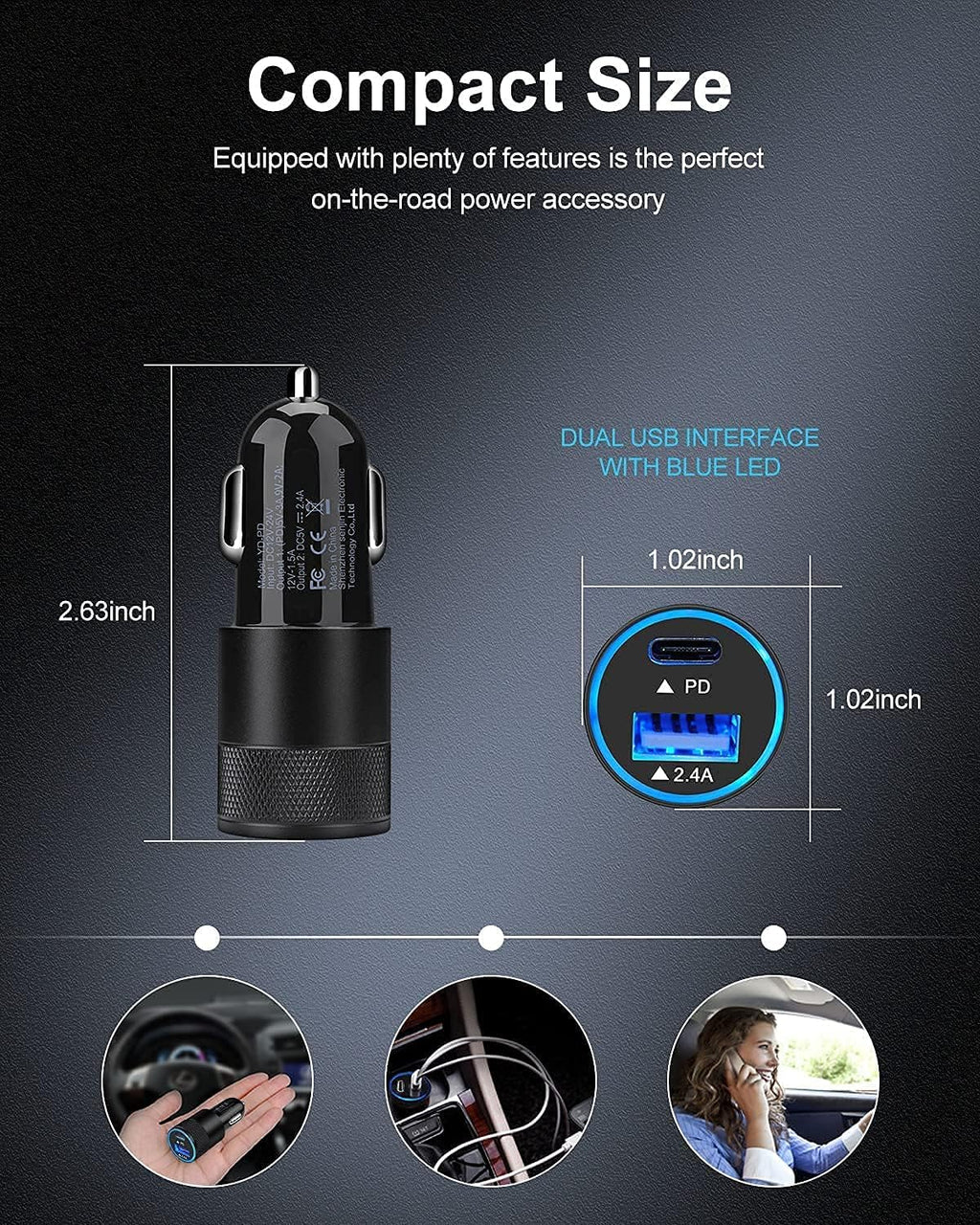 30W PD USB C Car Charger, USB Type C Fast Power Charging Block Dual Port USB A & USBC Plug Cargador Carro Lighter