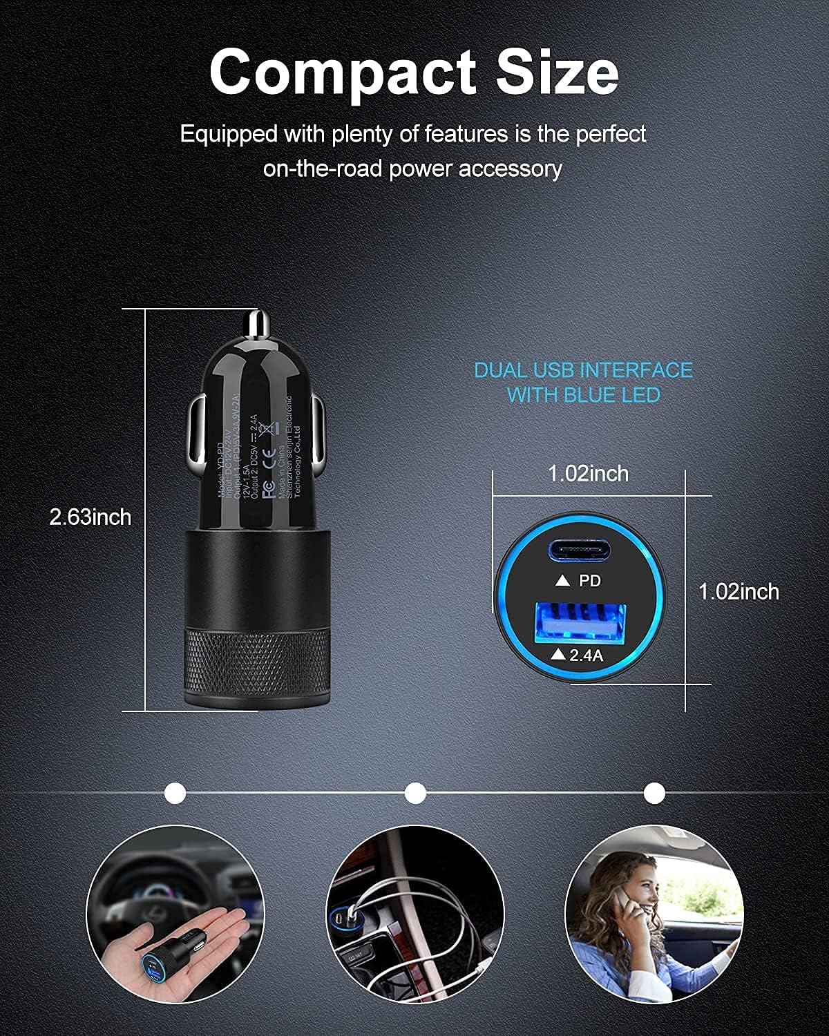 30W PD USB C Car Charger, USB Type C Fast Power Charging Block Dual Port USB A & USBC Plug Cargador Carro Lighter