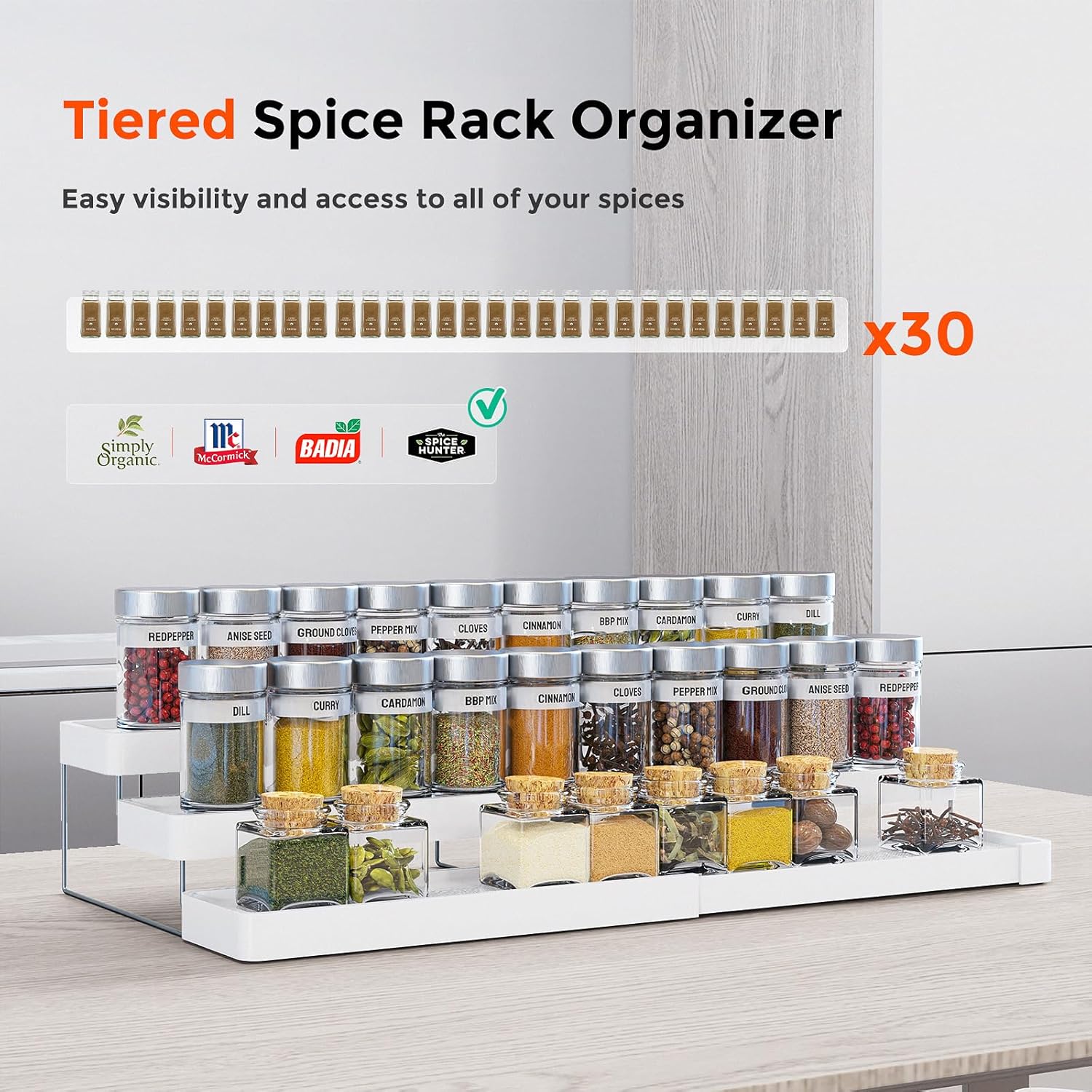 Expandable Spice Rack Organizer for Cabinet - 3 Tier Adjustable Cabinet Spice Organizer Easy Visibility - Spice
