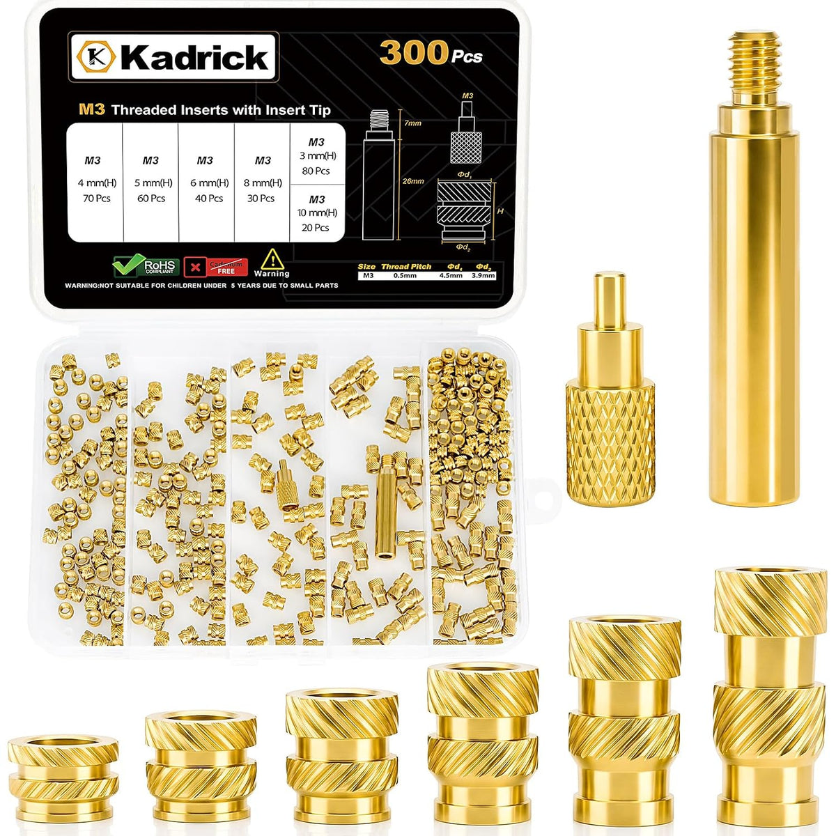 KADRICK 300PCS M3 Heat Set Inserts Kit,M3*(3mm-10mm)*4.5mm with Insert Tip