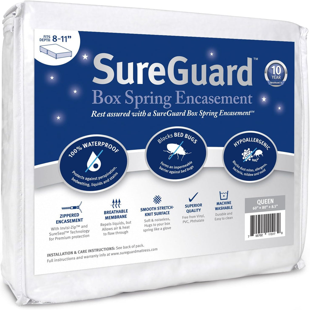 Queen Size SureGuard Box Spring Encasement - 100% Waterproof, Bed Bug Proof, Hypoallergenic - Premium Zippered