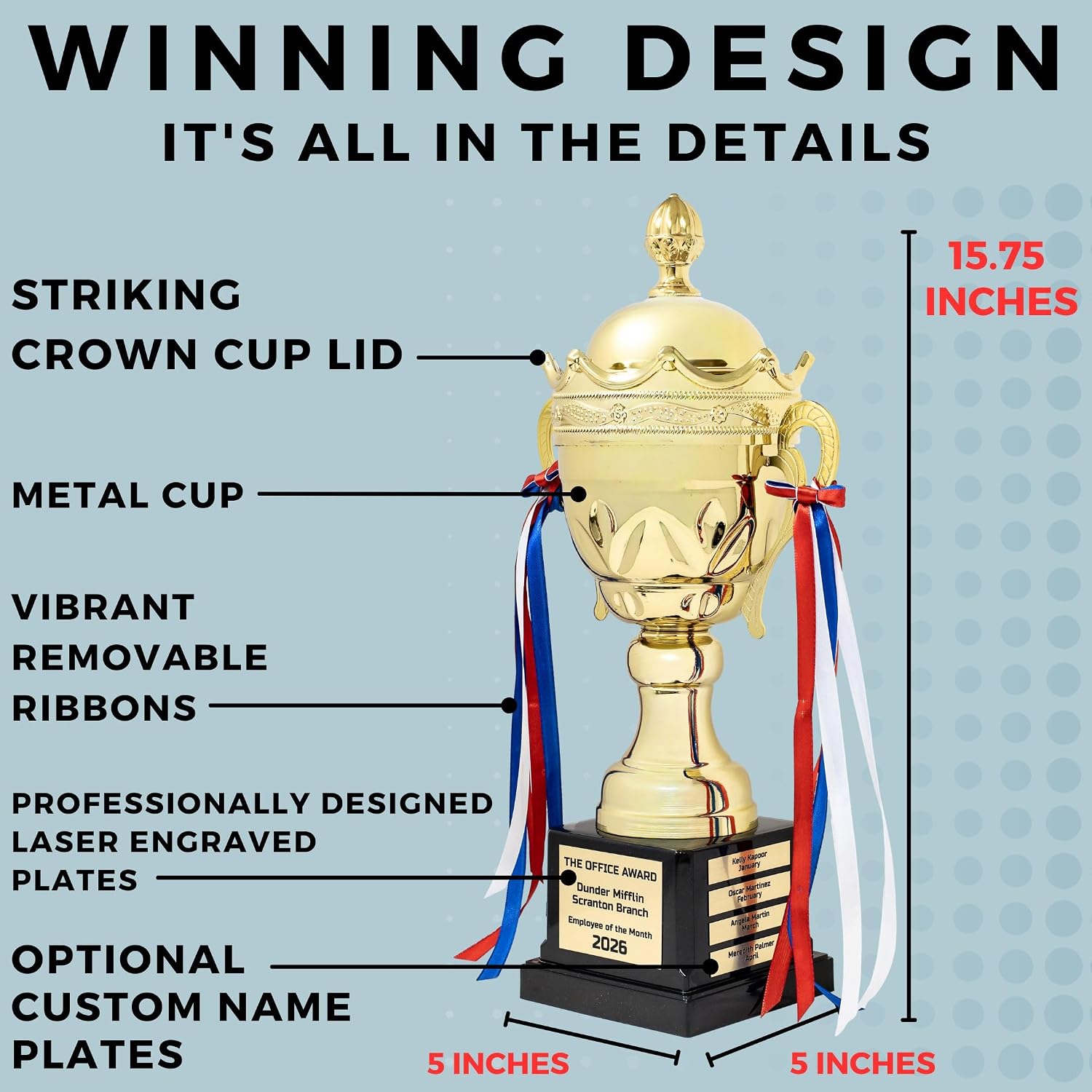 Large Gold Metal Trophy Cup, with Custom Engraved Name Plates, Traveling Perpetual Corporate Award, 15.75 Inch Tall
