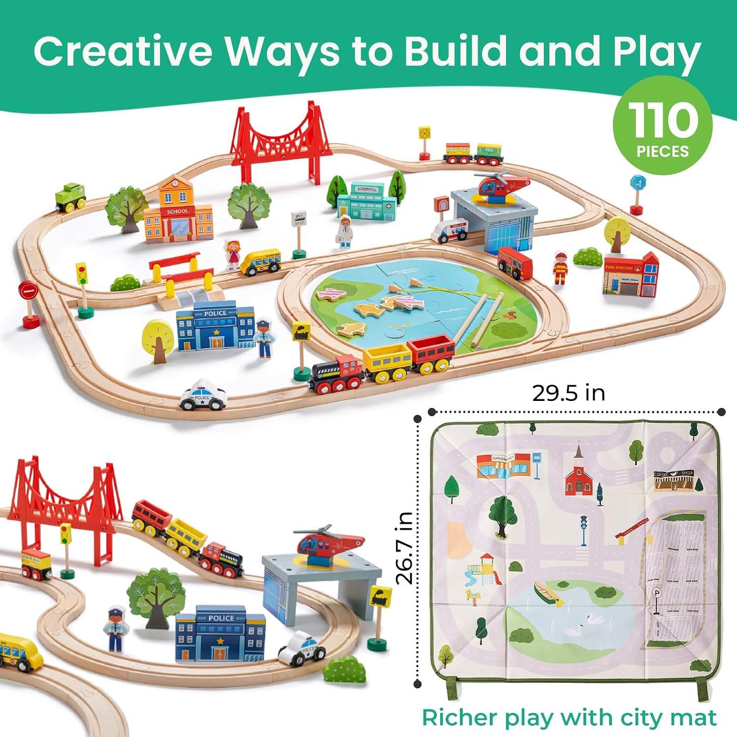 110pcs Wooden Train Set with Folding Storage Box | Wooden Train Track Toy for Boys & Girls, Age 3-7, Includes