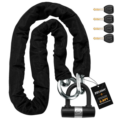 Heavy Duty Motorcycle Chain Lock, 12mm Hardened Steel Anti Theft Bike Lock Chain with U Lock & 4 Keys, 3.9FT Cut