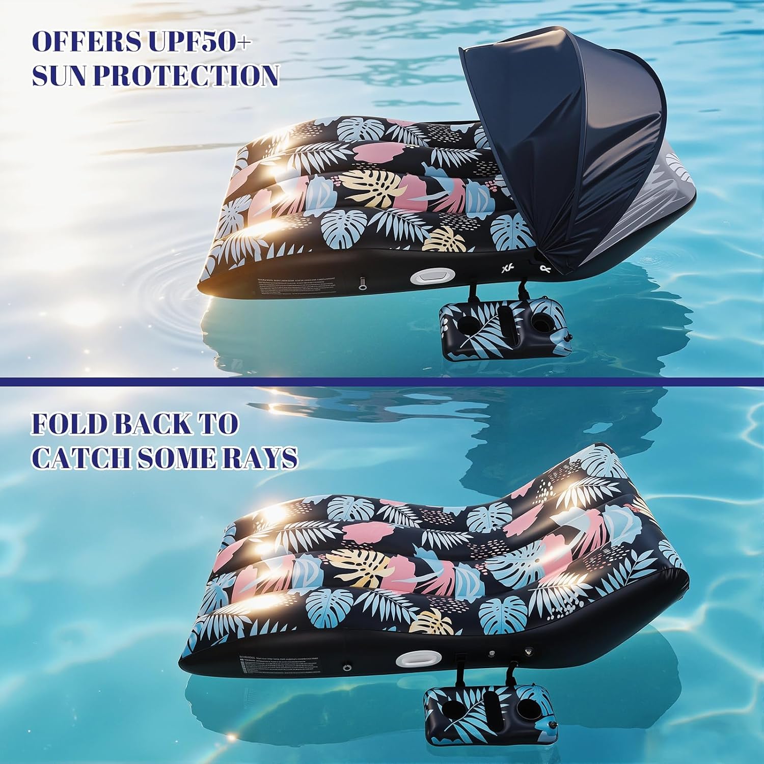 Pool Floats Lounger with UPF50+ Canopy Adjustable, Inflatable Large Floating Chair Ergonomic Design, with Cup