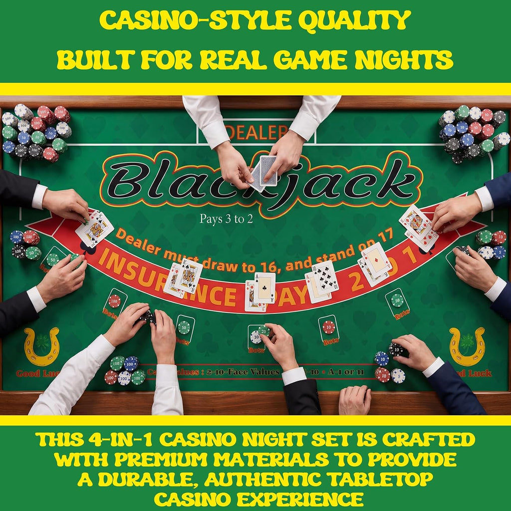 Casino Night 4-in-1 Complete Game Set with 2 Double-Sided Felt Layout Mats (36"x72"), 10" Roulette Wheel, 200 Chips