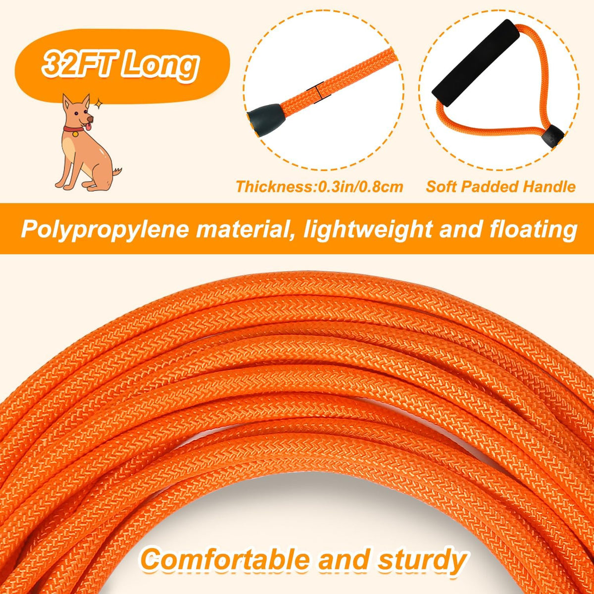 Long Dog Leash, 32ft Floating Dog Training Leash, Orange
