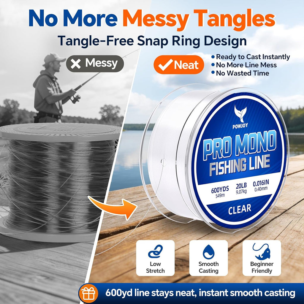 Monofilament Fishing Line with Knot Guide Cards for Beginners to Pro | Low Memory Smooth Casting String Tangle-Free