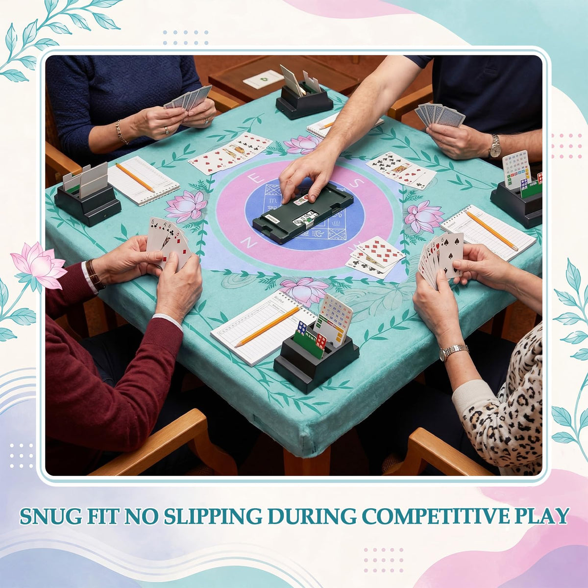 Mahjong Table Cloth, 34 x 34 Inch Square Felt Card Table Cover, Lotus Print