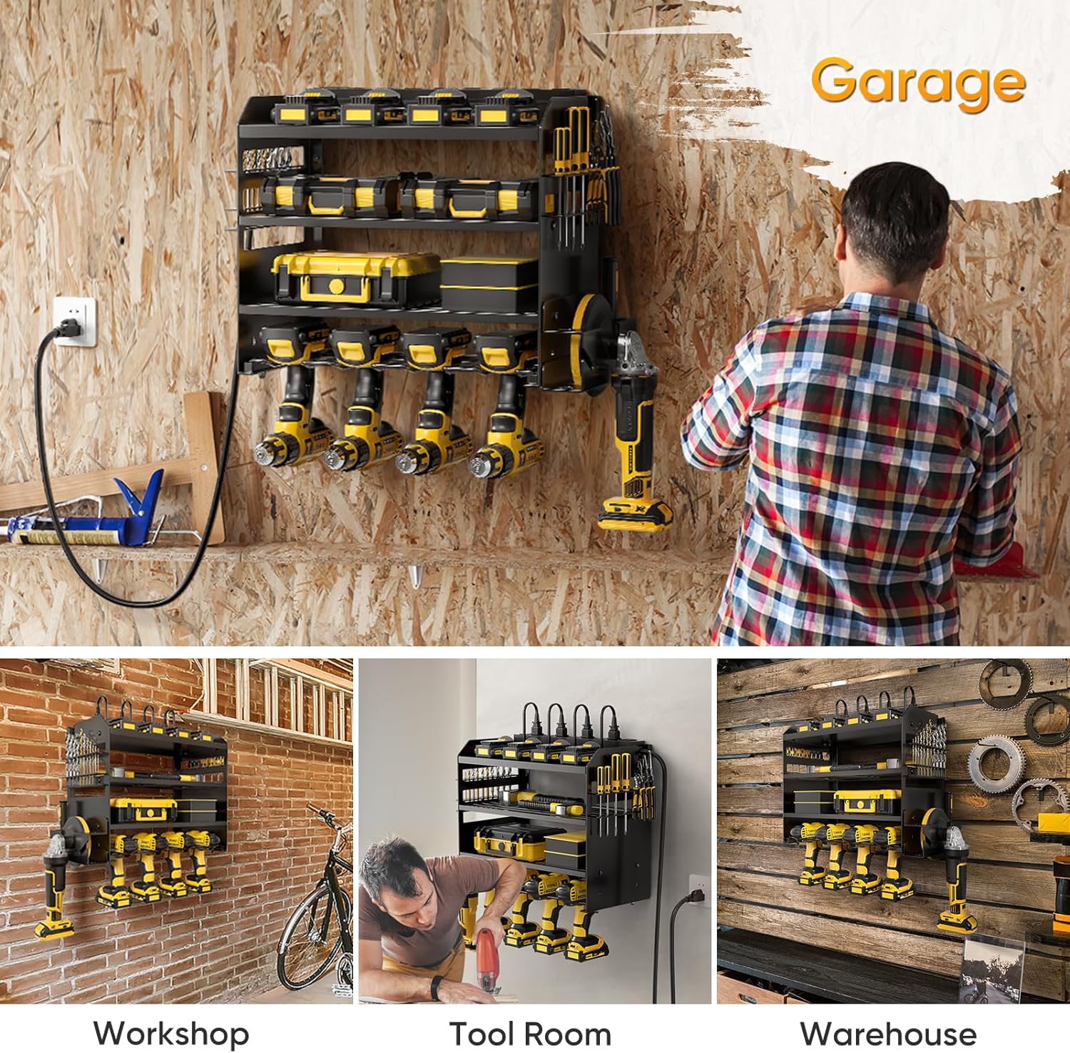 Power Tool Organizer Wall Mount with Charging Station,Tool Storage Rack with 8 Outlet Power Strip,Heavy Duty Metal
