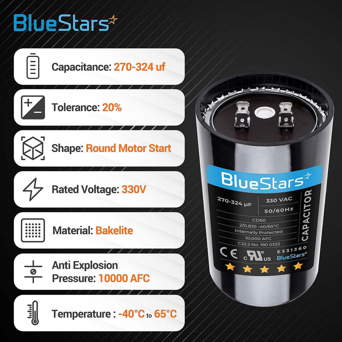 [2025 Upgraded] BlueStars 270-324 uF MFD 330 VAC Motor Start Capacitor