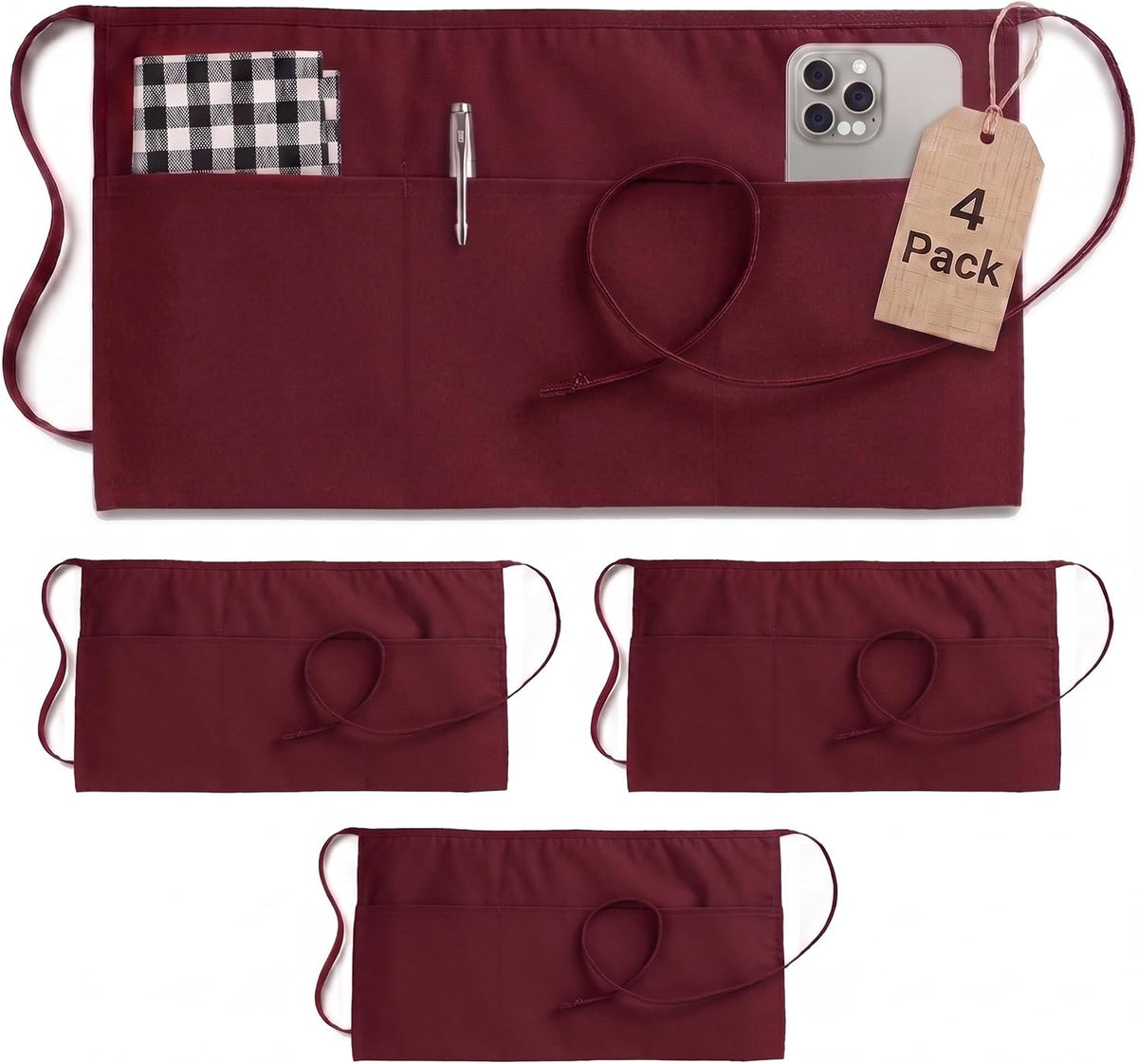 Server Waist Aprons 4 Pack with 3 Pockets 100% Polyester