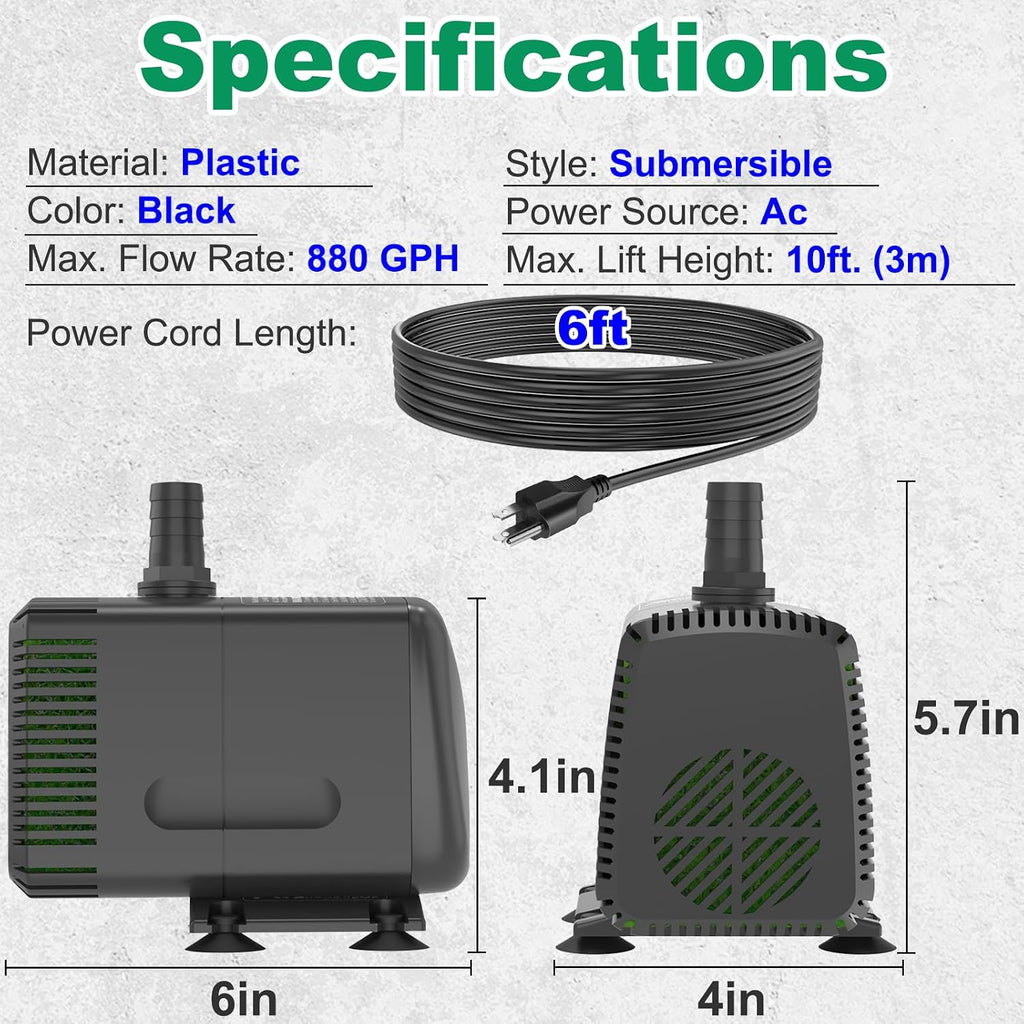 Submersible Water Pump 880GPH Pond Pump for Fountains
