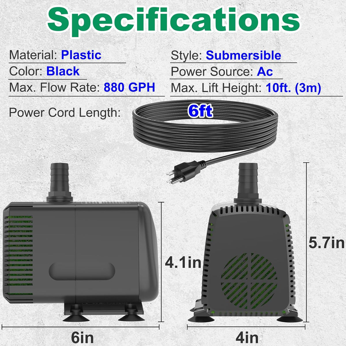 Submersible Water Pump 880GPH Pond Pump for Fountains