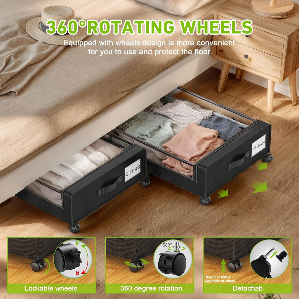 Under Bed Storage with Wheels, 2-Pack Under the Bed Storage Containers with Clear Lids & Label, Underbed Storage