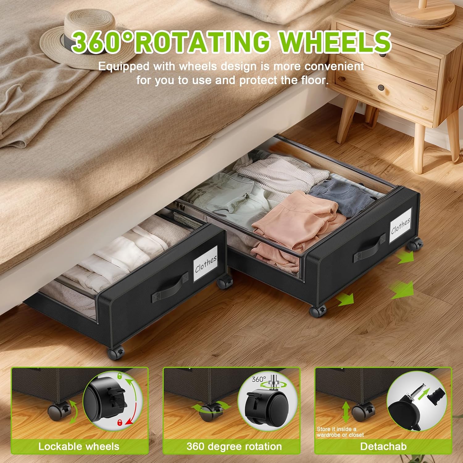 Under Bed Storage with Wheels, 2-Pack Under the Bed Storage Containers with Clear Lids & Label, Underbed Storage