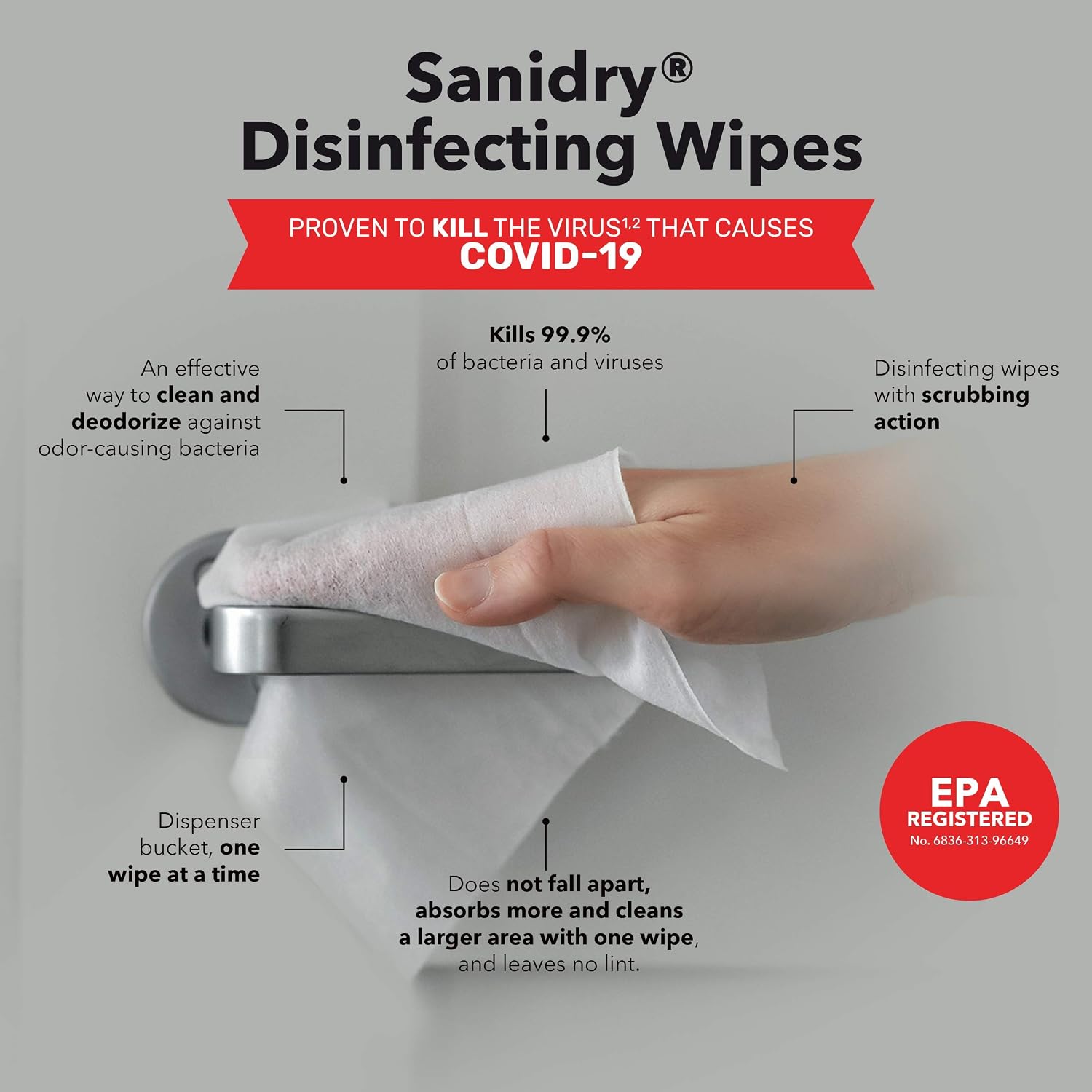 SaniDry Disinfecting Wipes, 300 Count, EPA Approved, Unscented, White, Nonabrasive, Multi-Surface Cleaning Wipes