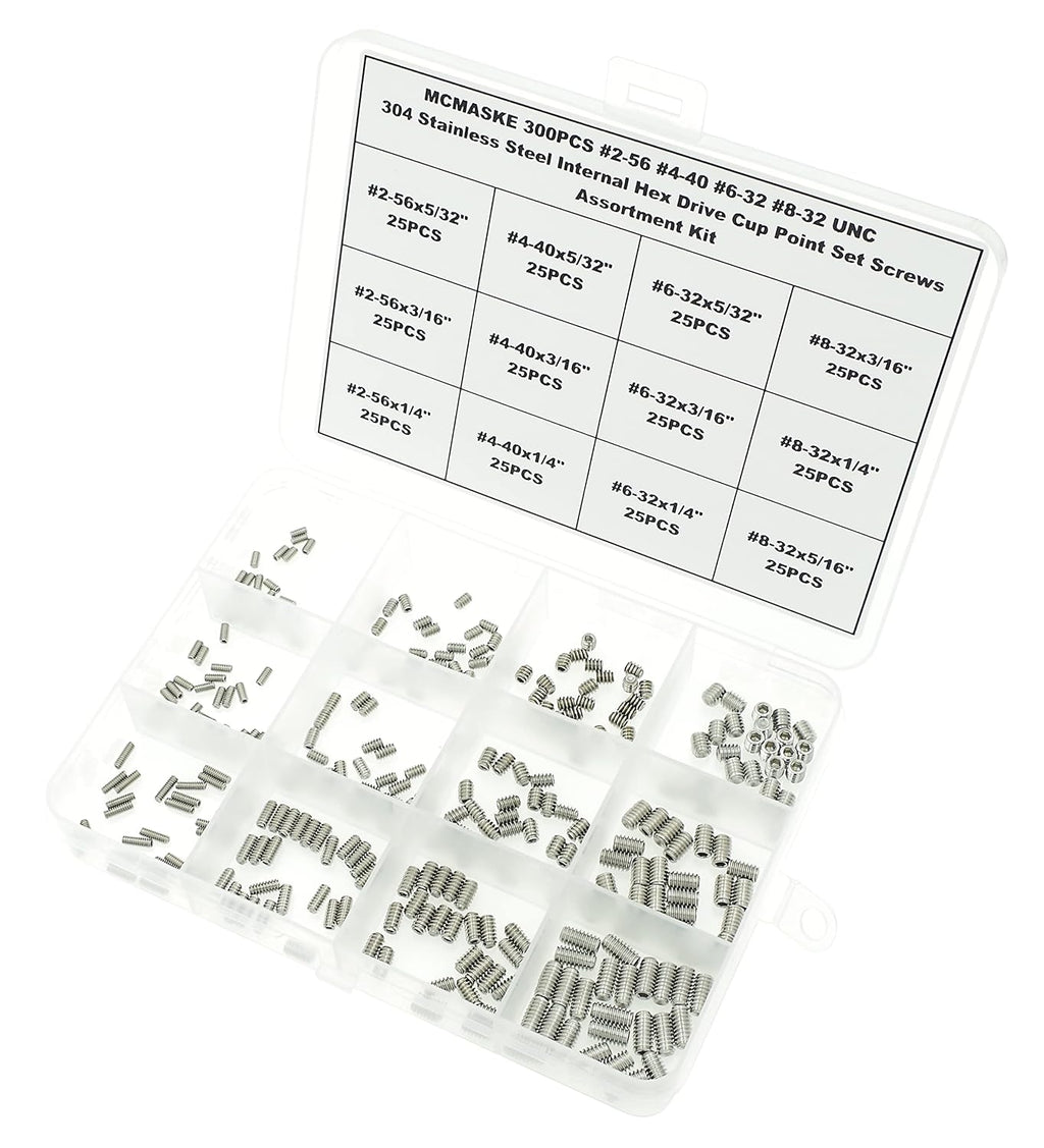 300PCS #2-56#4-40#6-32#8-32 UNC 304 SS Cup Point Set Screws Kit