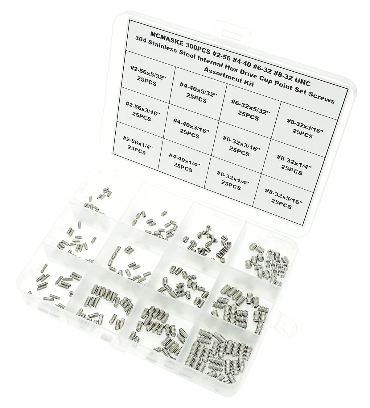 300PCS #2-56#4-40#6-32#8-32 UNC 304 SS Cup Point Set Screws Kit