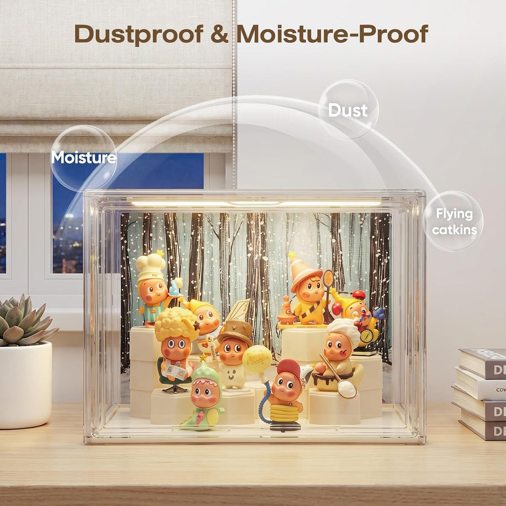 Clear Acrylic Display Cases for Collectibles with LED Light,DIY Scene, with Backdrop, No Dust , No Moisture, for