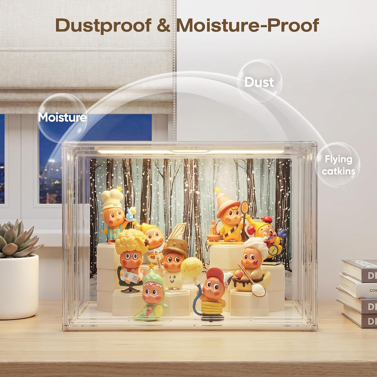 Clear Acrylic Display Cases for Collectibles with LED Light,DIY Scene, with Backdrop, No Dust , No Moisture, for