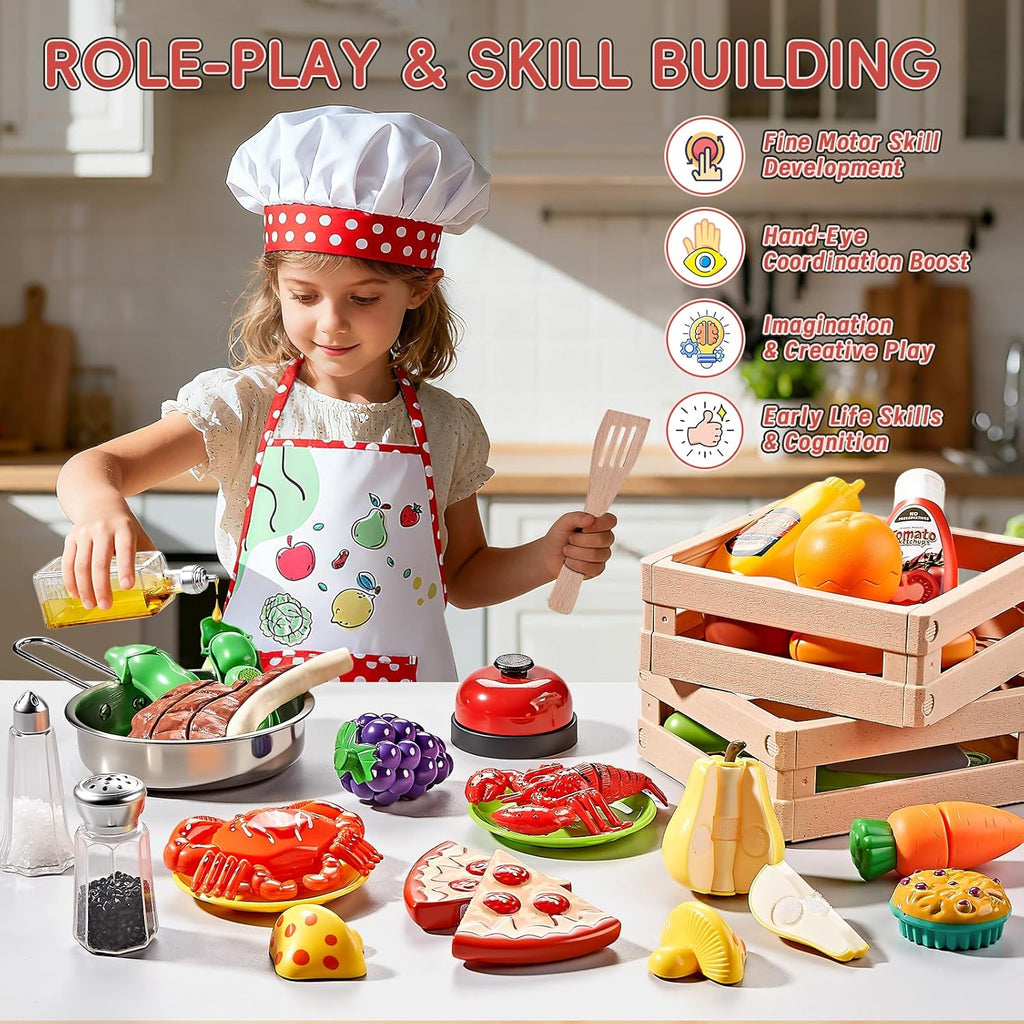 Play Kitchen Accessories, Large Stainless Steel Toddler Cooking Set, Kids Kitchen Playset with Cutting Play Food