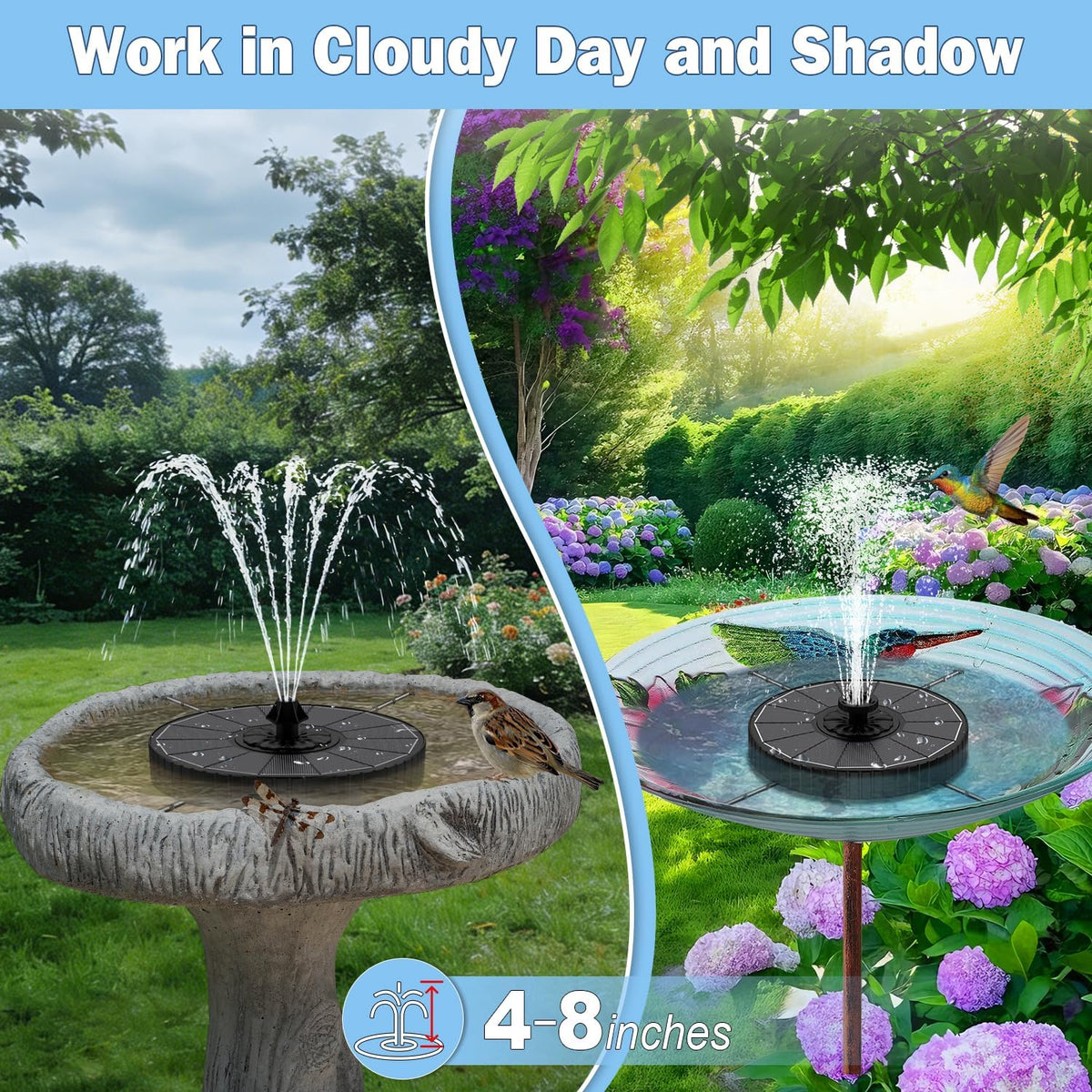 Solar Fountain with 2000mah Battery, 3-Level Adjustable Water Height, Rotating Rods, Works in Shadow, 7 Nozzles, 2026